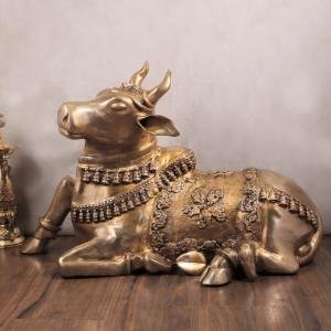 Large Brass Nandi Sculpture | 21.5" x 34" x 14" | 30 kg | Antique Finish | Traditional Hindu Temple Bull Masterpiece | Sacred Art | Jaipurio